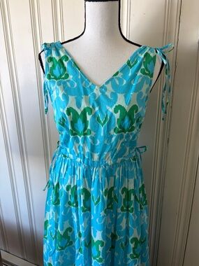 Talbots Sleeveless V-Neck Blue & Green Ikat Lined Floral Maxi Dress Size 2P NWT